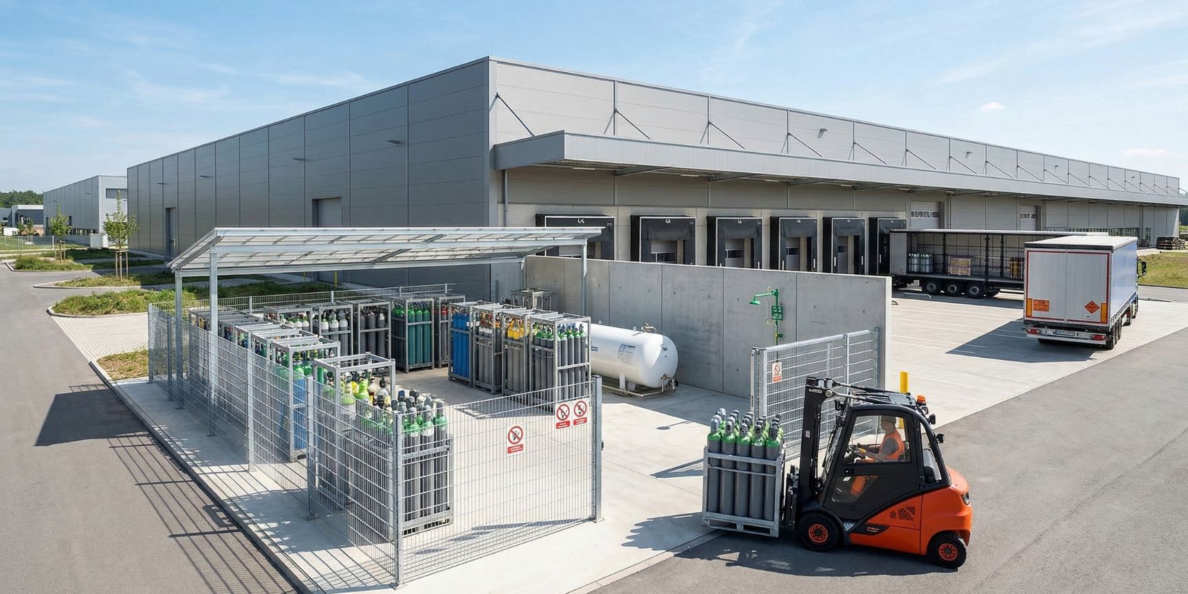 Dedicated outdoor storage for gaseous substances at a modern logistics center: Fenced outdoor storage area with rows of gas cylinders and bundles under a protective roof. A truck with an ADR hazard sign (class 2 gases) at a docking station of the logistics hall in the background. A forklift truck loads gas containers. A massive concrete fire wall separates the gas storage facility from the hall. An emergency shower and eyewash station are mounted on the wall in a clearly visible way.
